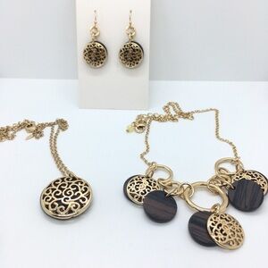 Gold and Wood Necklace Pair and Earrings Set